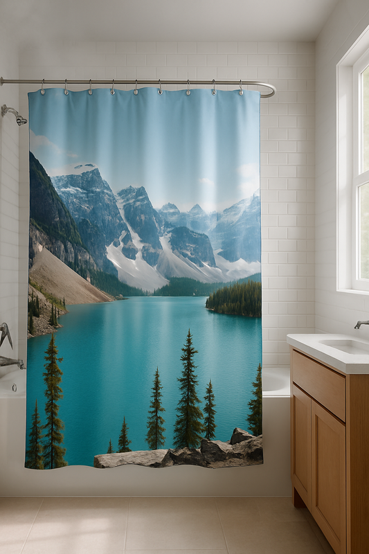 Custom photo shower curtain with ocean landscape in a bright, modern bathroom, matte finish