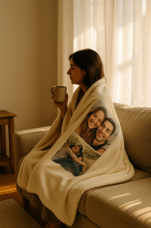 Woman wrapped in a custom photo blanket sipping coffee, sunlight streaming through soft curtains.