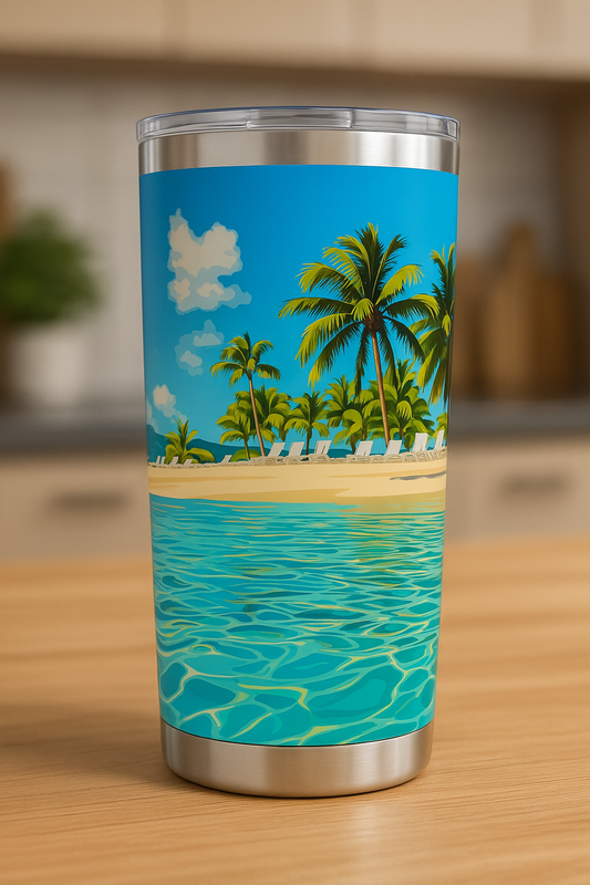 Custom photo tumbler on a sunlit kitchen desk.