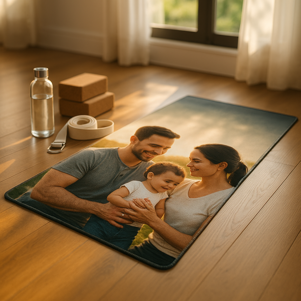 Personalized yoga mat with family photo, sunlit studio, non-slip base and stitched edges visible