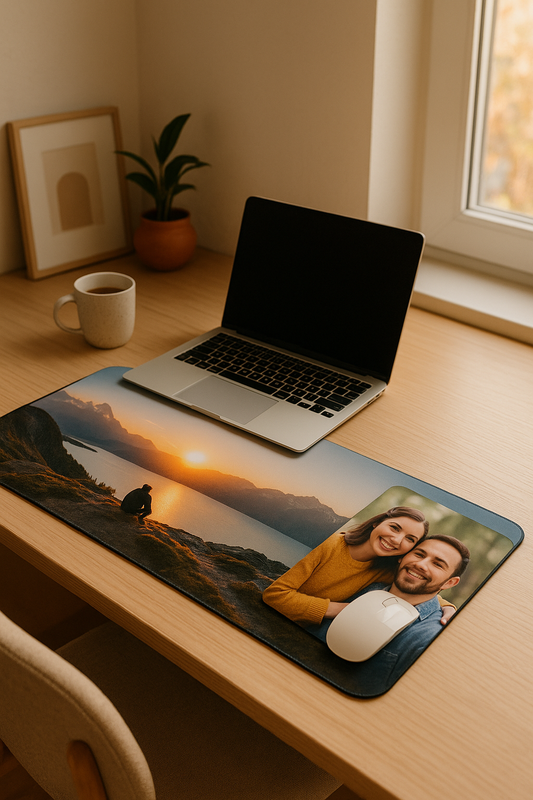 Custom photo desk mat on modern workspace with warm lighting