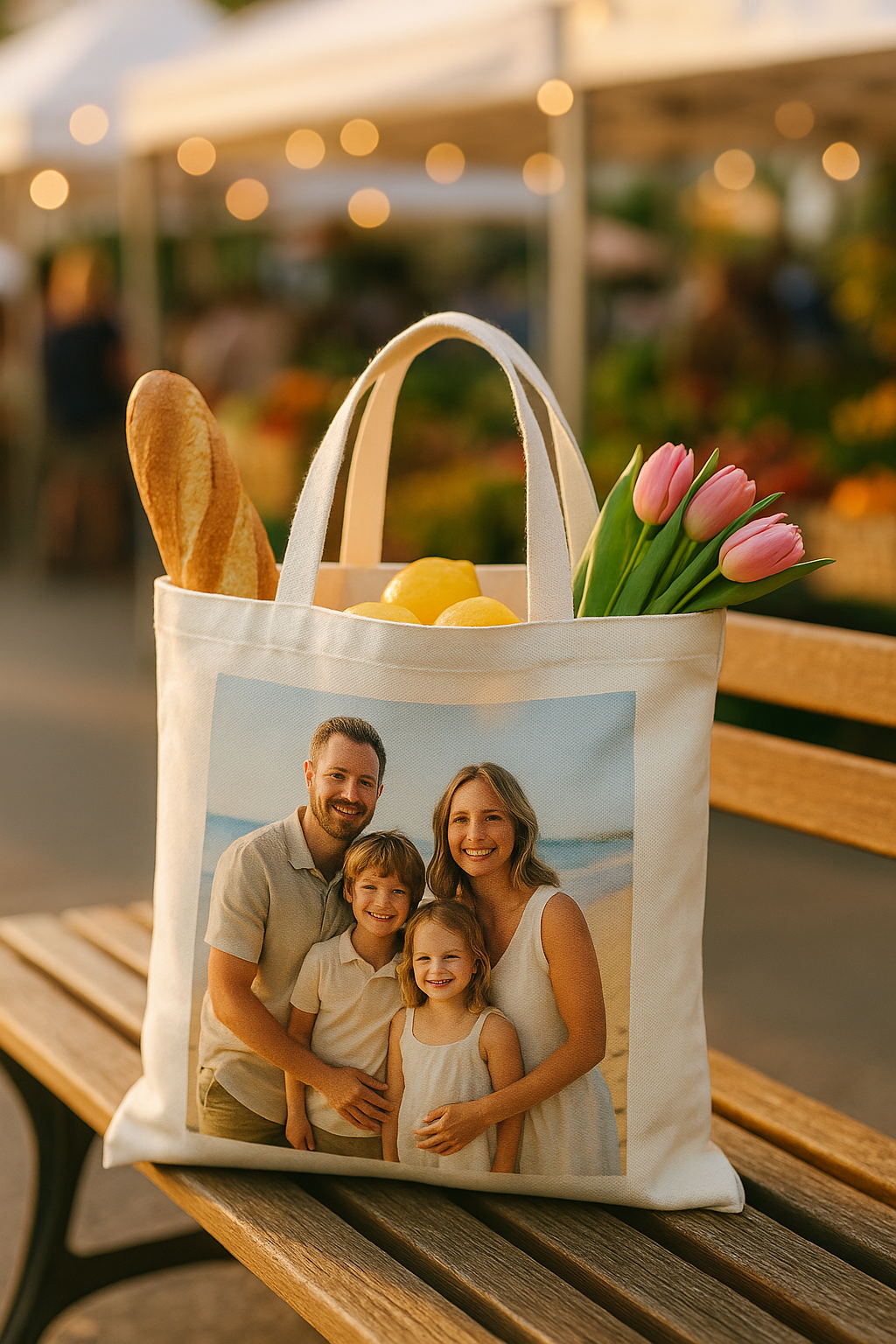 Custom photo tote bag with family picture at a sunny farmers’ market