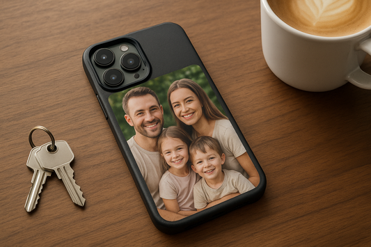 Custom photo iPhone case with family portrait, crisp HD print, angled on a desk