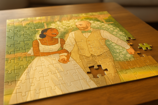 A wedding custom photo jigsaw puzzle on a bright table