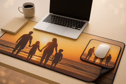 Minimal desk with custom photo desk mat and matching personalized mouse pad; natural light, stitched edges, focus-first home office.