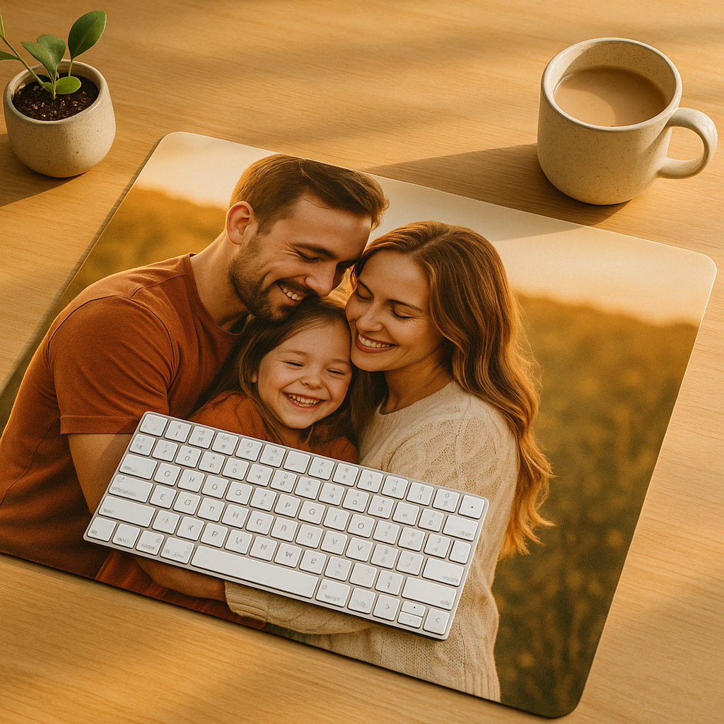 Overhead of custom photo desk mat on a minimalist workspace with keyboard and mug