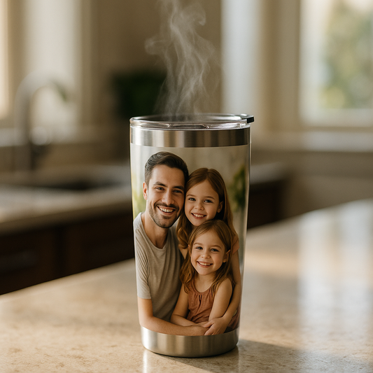 Custom photo tumbler with pet portrait wrap on wooden table, stainless steel insulated