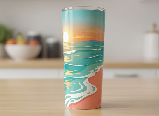 Custom photo tumbler on a sunlit kitchen table 